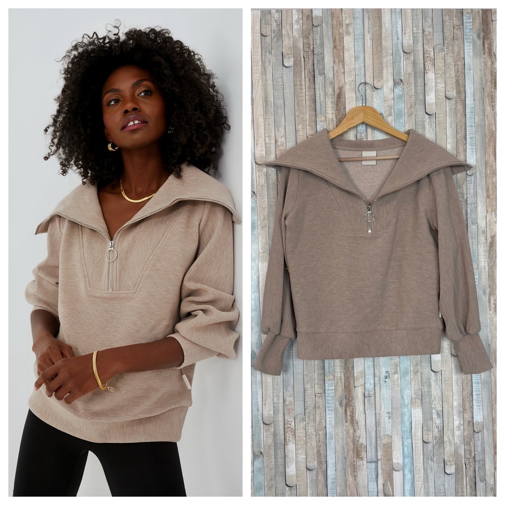 Varley XS Vine Half Zip Ribbed Ottoman Pullover Sweatshirt Top Oversized Taupe